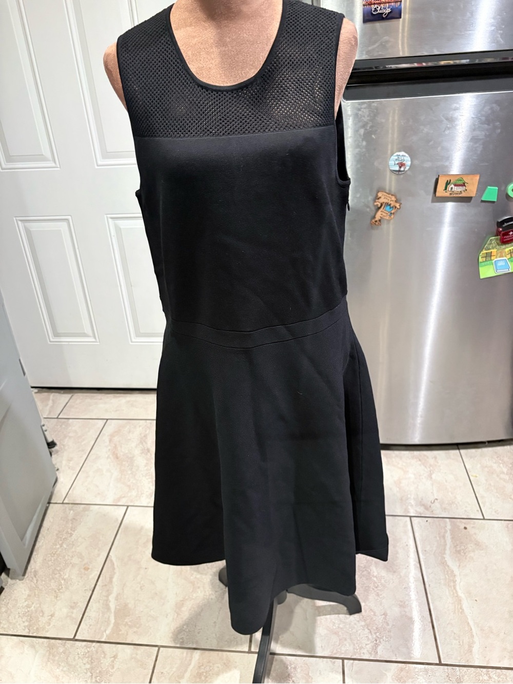 Ann Taylor Black Sleeveless Fit-and-Flare Dress with Mesh Yoke